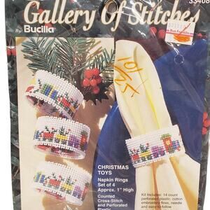 Vintage Bucilla Gallery of Stitches Christmas Toys Napkin Rings Cross Stitch Kit